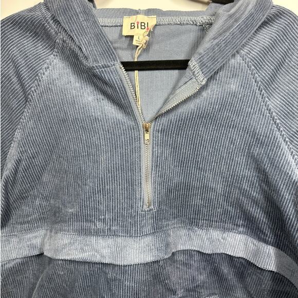 BiBi 1/2 Zip Corduroy Hoodie Pullover Long Sleeves Cargo Pockets Slate Blue L - Picture 3 of 13
